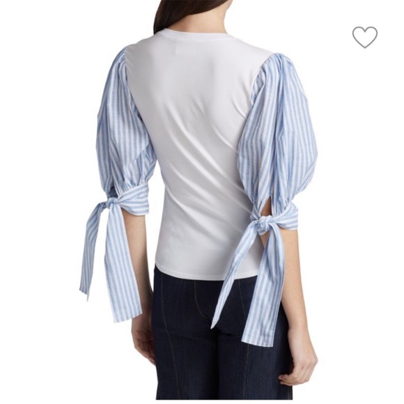 Cinq a Sept Carlie Top White W/ Contrast Blue Striped Sleeves - Picture 5 of 13
